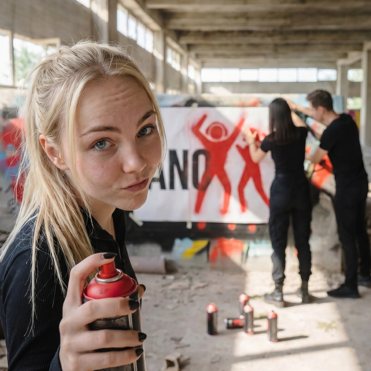 Graffiti session in an unfinished concrete building.