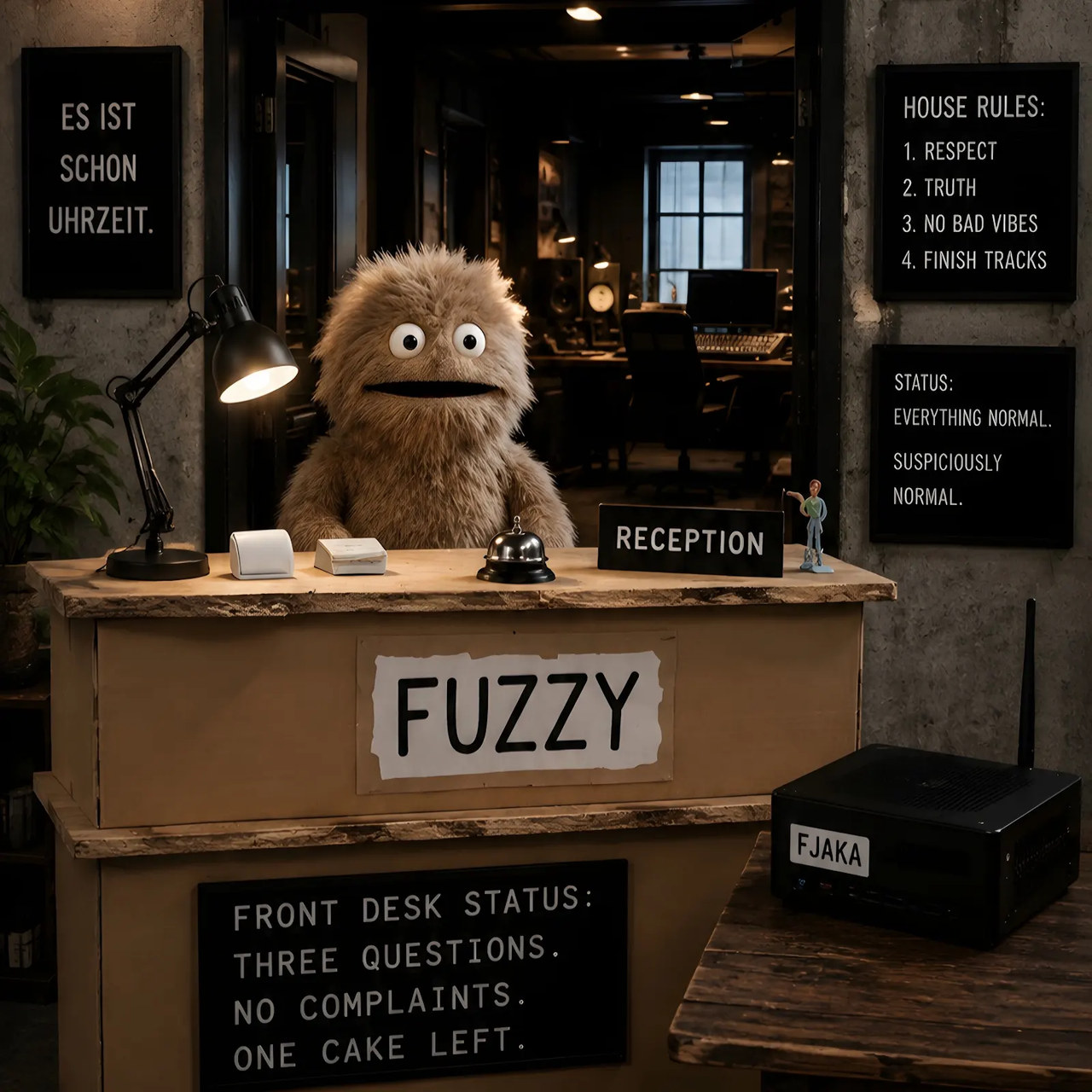 Fuzzy behind the Solanoxx front desk.
